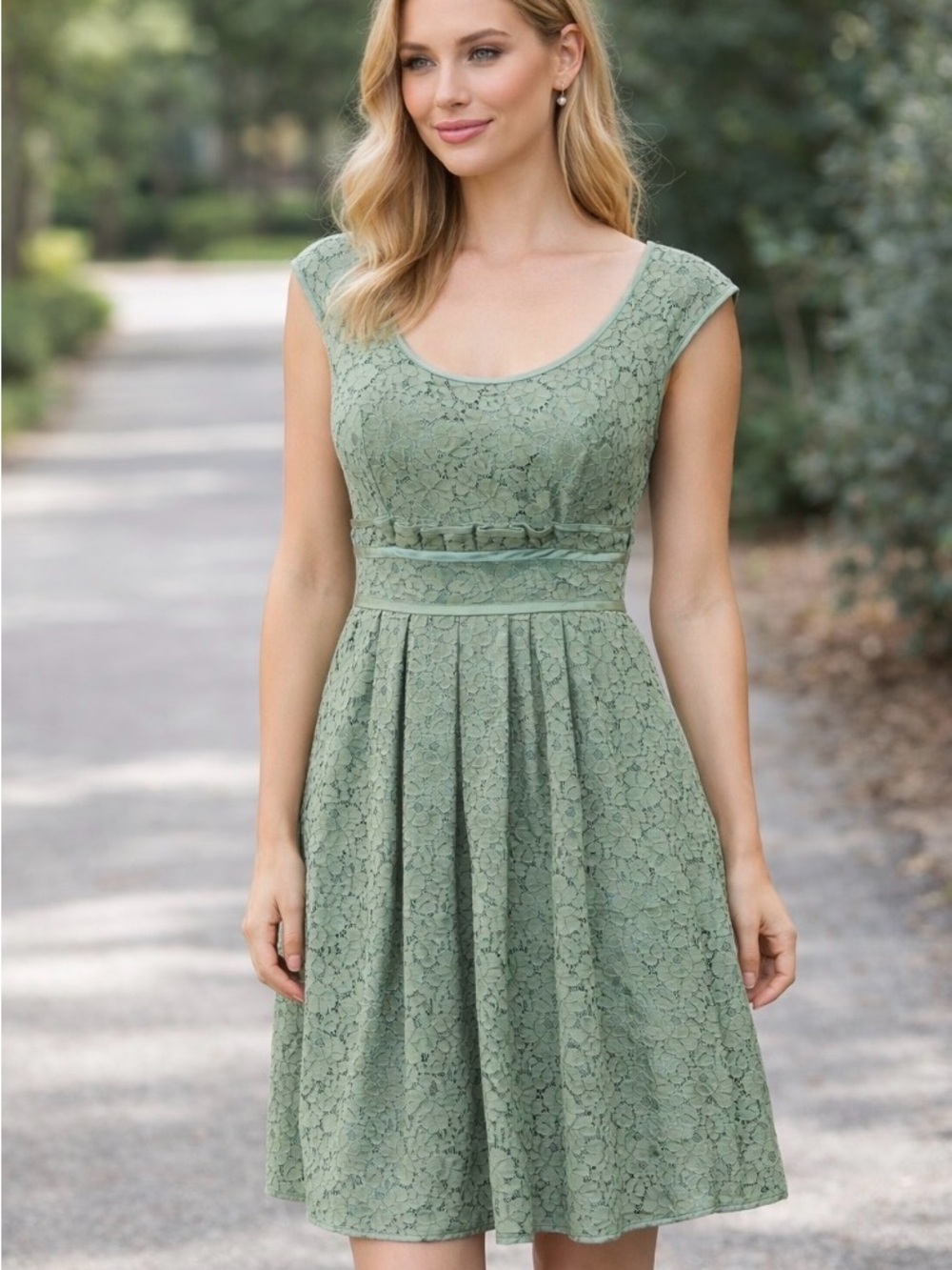 Nanette Lepore Sage Green Lace Fit & Flare Midi Dress